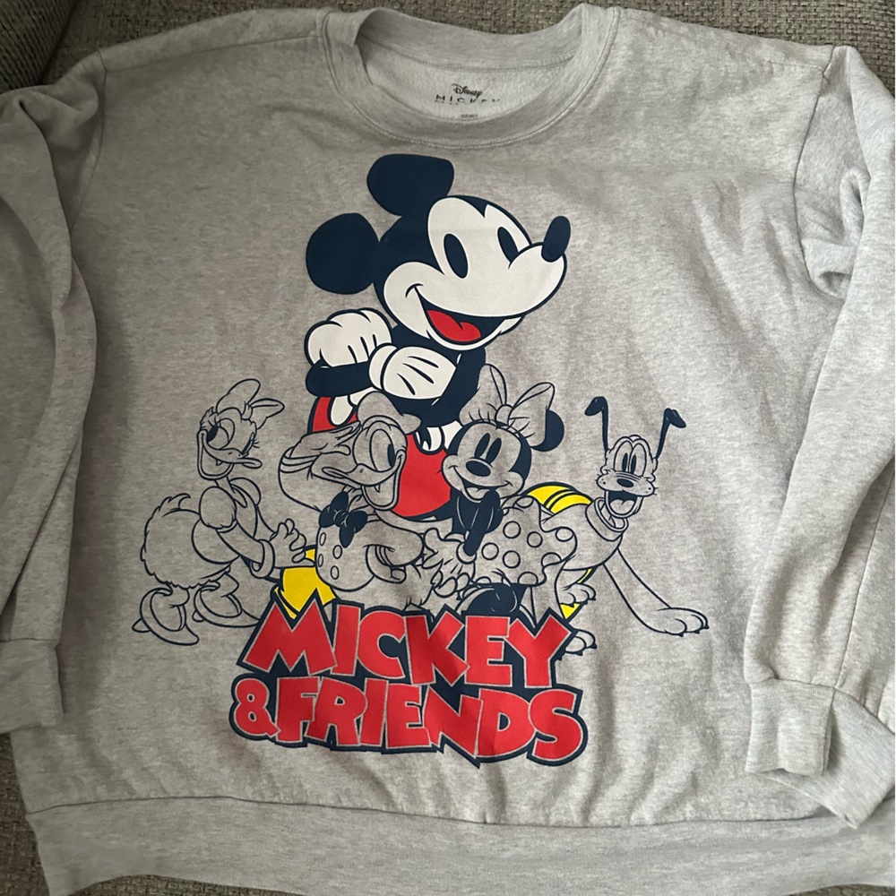 Disney Gray Sweatshirt with Mickey & Friends Graphic - Red, Navy, Yellow Accents